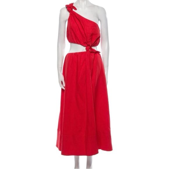 NEW FARM Rio Red Midi Knot Dress Linen Cutout Elastic Waist Asymmetrical Size XL - Picture 9 of 13